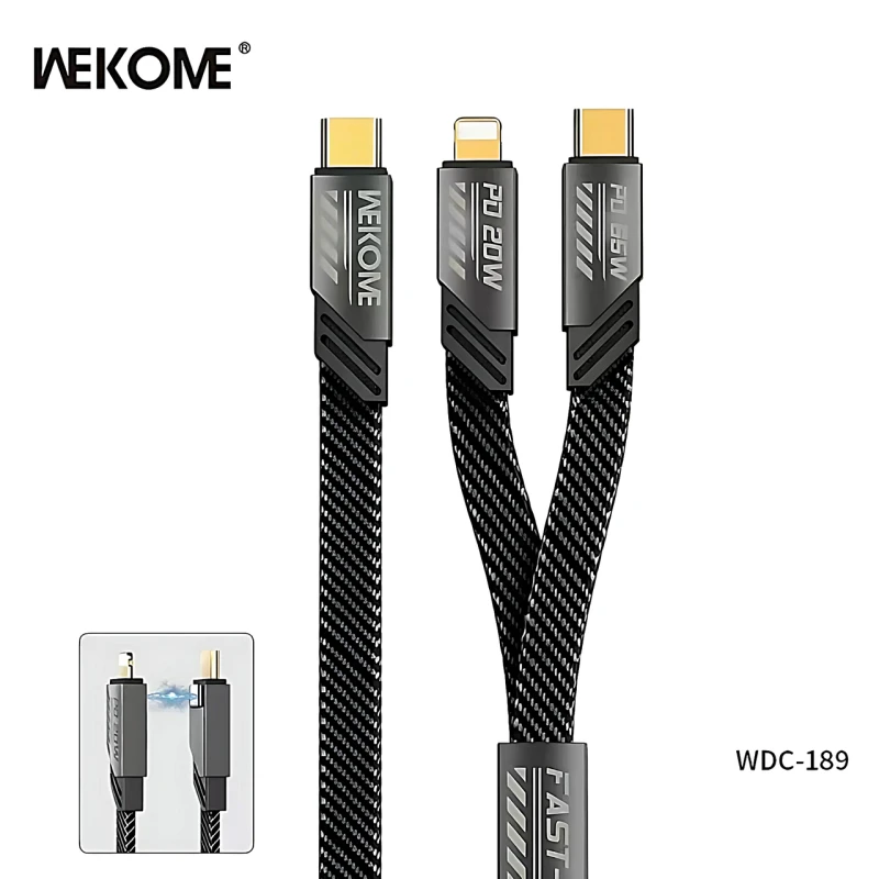 Зарядный кабель WEKOME WDC-189 2в1 – USB-C на iPhone+Type-C, PD20W+65W, цинковый сплав, 1.2м (grey)
