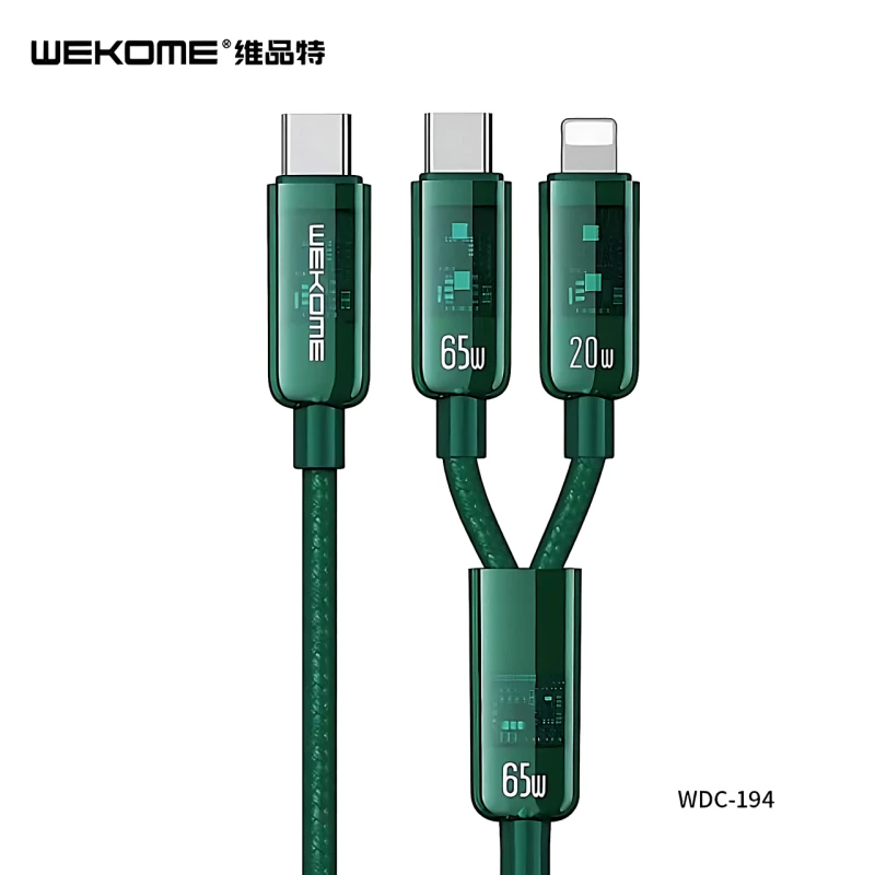 Зарядный кабель WEKOME WDC-194 2в1 – USB-C на iPhone+Type-C, PD20W+65W, 1.2м (green)