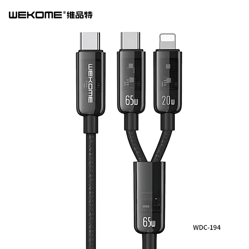 Зарядный кабель WEKOME WDC-194 2в1 – USB-C на iPhone+Type-C, PD20W+65W, 1.2м (black)