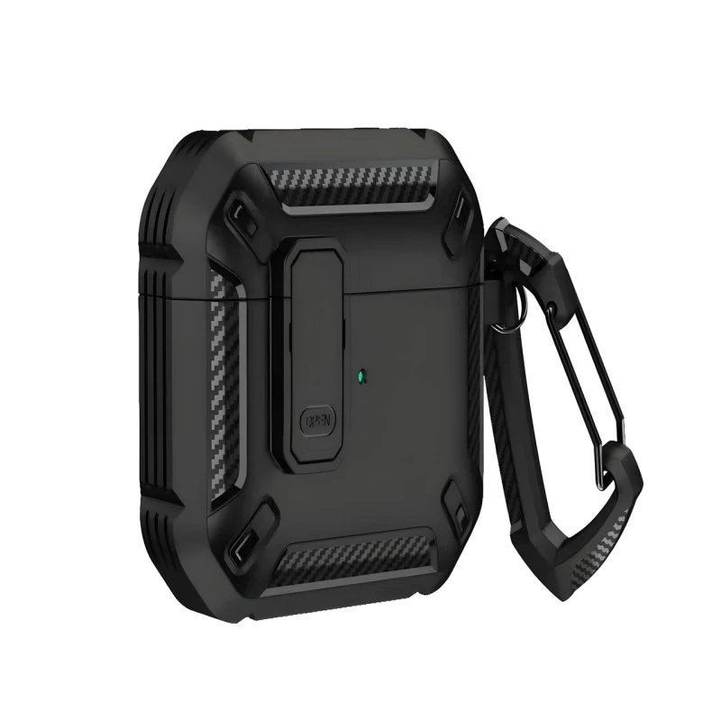 Противоударный защитный чехол для AirPods 2 с карабином и защелкой OPEN (BLACK)