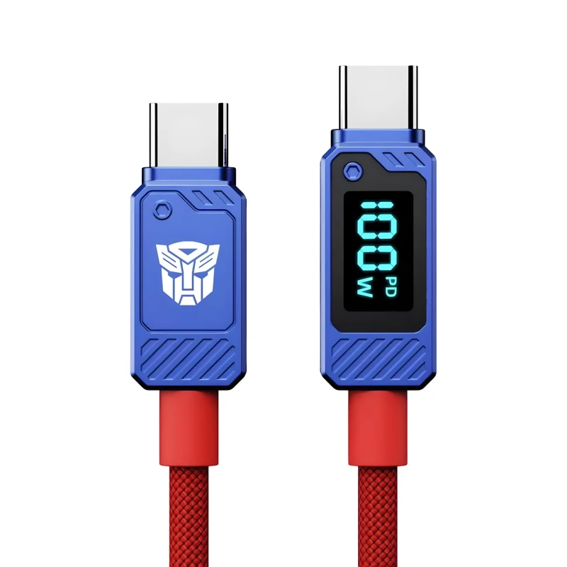 Зарядный кабель TRANSFORMERS TF-A18 USB-C to Type-C 100W, с дисплеем, плетеный, 1м, красно-синий