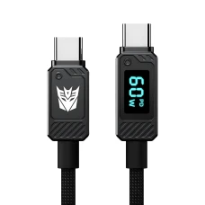 Зарядний кабель TRANSFORMERS TF-A18 USB-C to Type-C 60W, з дисплеєм, плетений, 1м, чорний