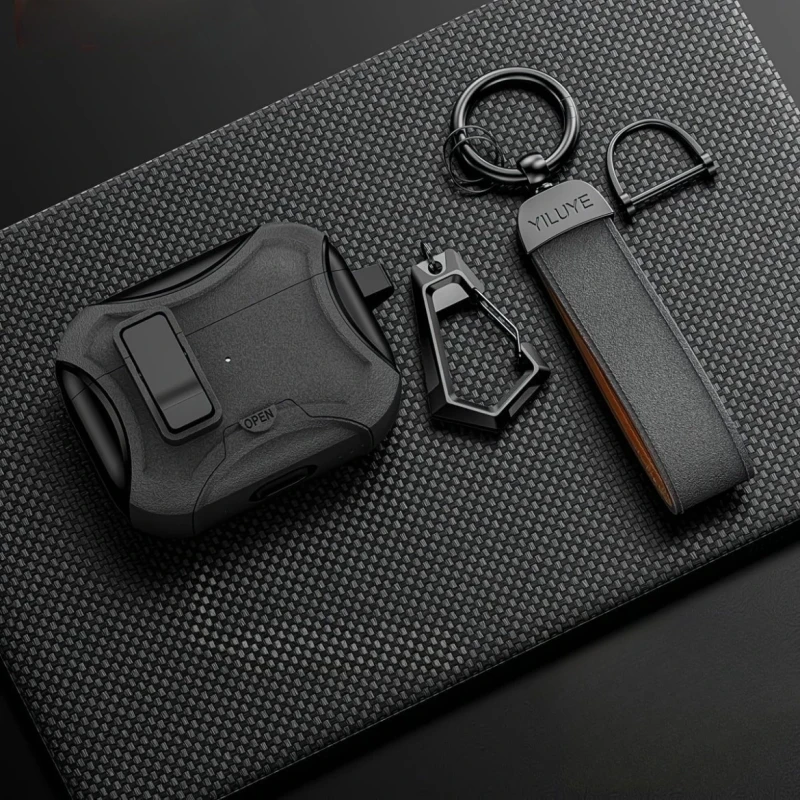 Чехол для AirPods Pro 2 с карабином, защелкой и подставкой, черный с матовым серым